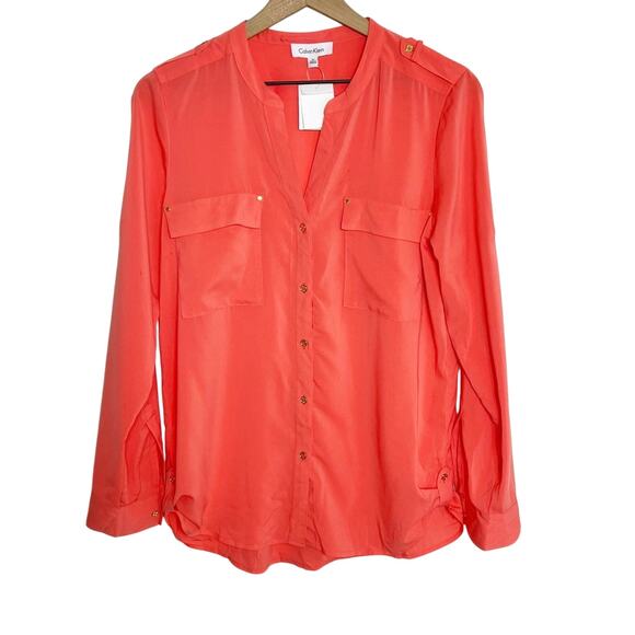 Calvin Klein Orange Women Long Sleeve Size Medium Top with Stains - Picture 1 of 9